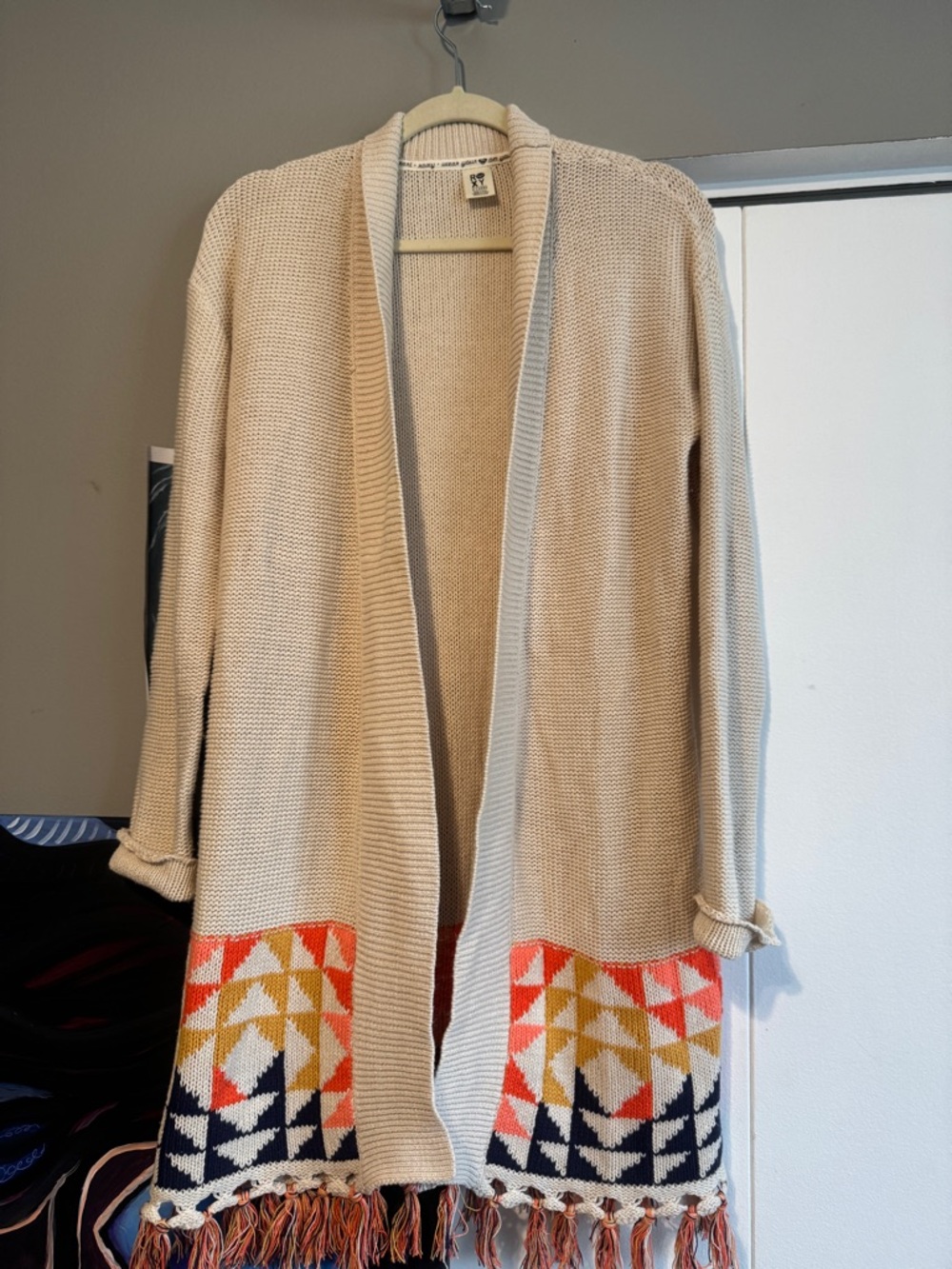 Roxy Bohemian Geometric Fringe Open Cardigan XL Coastal Grandma